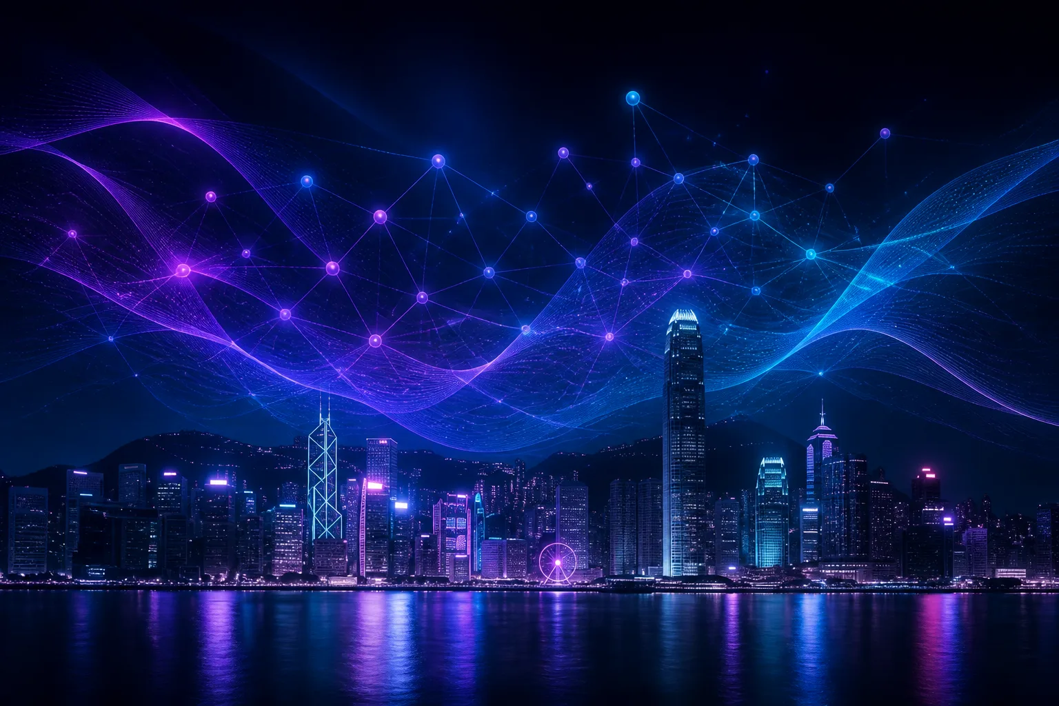 香港維多利亞港夜景與流動的資料光帶示意圖