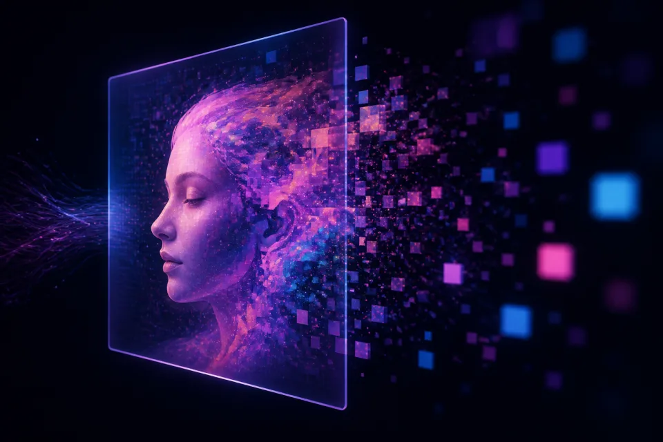 像素與粒子匯聚成人像的生成式 AI 創作示意圖